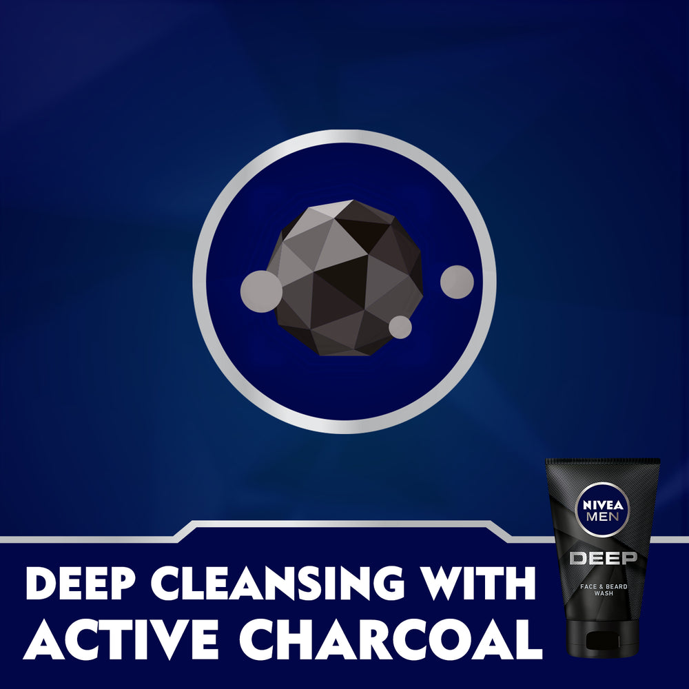 Nivea Men Deep Cleansing Face & Beard Wash, Active Charcoal, 100ml