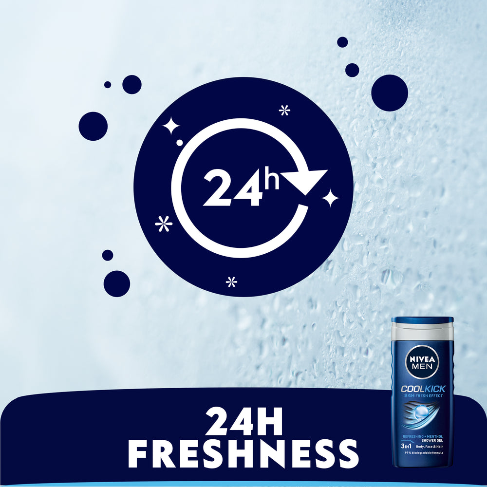 Nivea Men Cool Kick Shower Gel 3in1, 24h Fresh Effect, Masculine Scent, 250ml