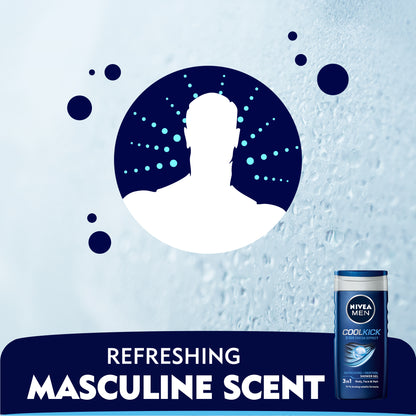 Nivea Men Cool Kick Shower Gel 3in1, 24h Fresh Effect, Masculine Scent, 250ml