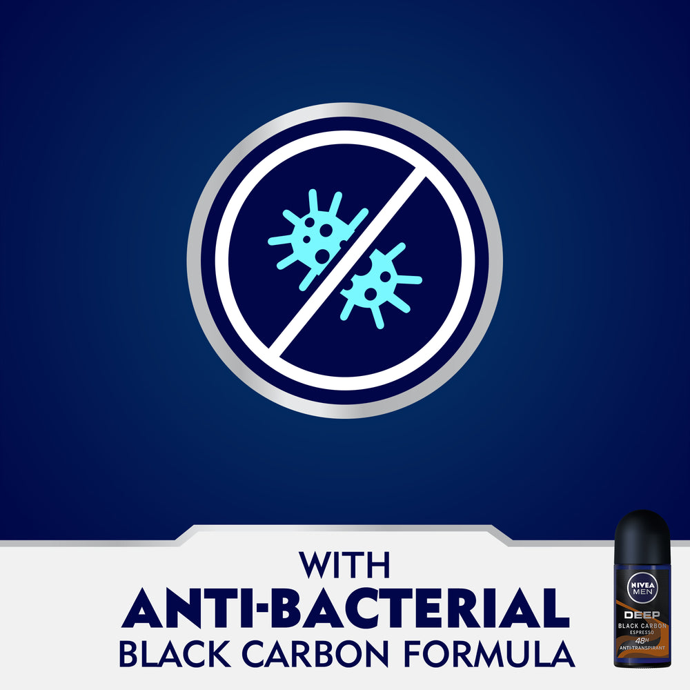 Nivea Men Deep Black Carbon Espresso, Antiperspirant for Men, Antibacterial, Roll-on 50ml